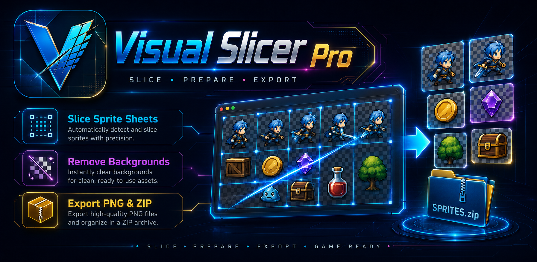 Visual Slicer Pro zeigt Sprite-Sheet-Slicing, Hintergrundentfernung und Batch-Export